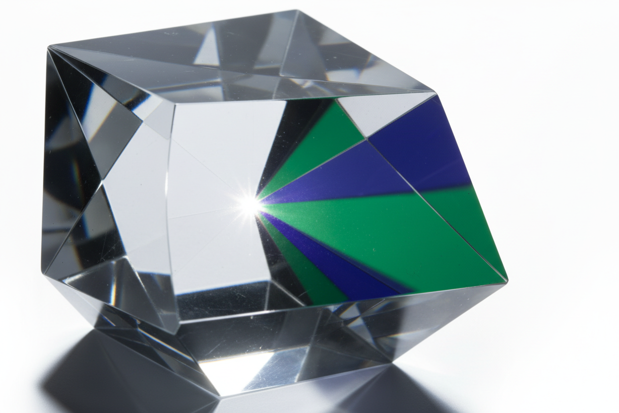 Abstract glass prism refracting light representing credit strategy and clarity